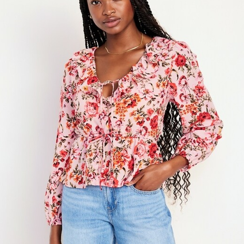 Old Navy WaistDefined RuffleTrimFloralBlouse NWOT Lightweight Med TieWaist